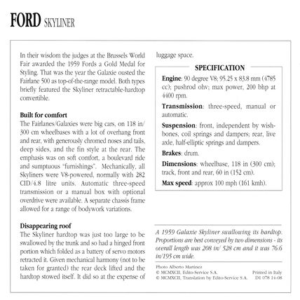 Collectors Club card. Classic Cars. Ford Skyliner