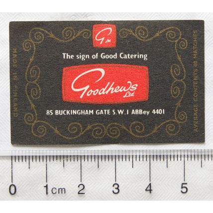vintage Matchbox Label - Goodhews Ltd, Catering, 85 Buckinham Gate, London