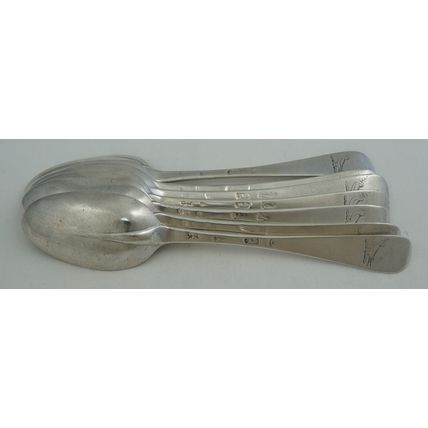 Seven 7" Queen Anne Silver Dessert Spoons, London 1708, Isaac Davenport, 295g.