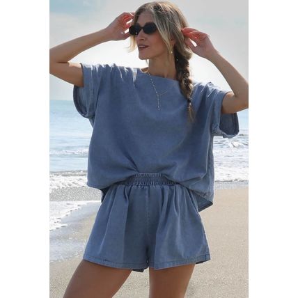 Light Blue Denim Cuffed Sleeve Tee Elastic Shorts Set