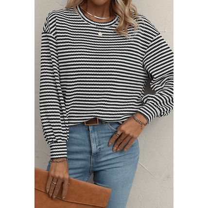 Black Stripe Round Neck Drop Shoulder Long Sleeve Top