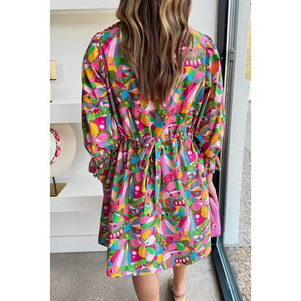 Pink Abstract Printed Lantern Sleeve Buttoned Mini Dress