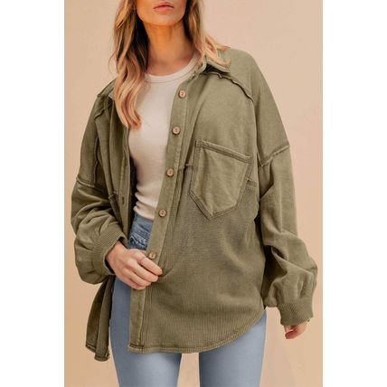 Moss Green Waffle Knit Patchwork Buttoned Oversized Shacket