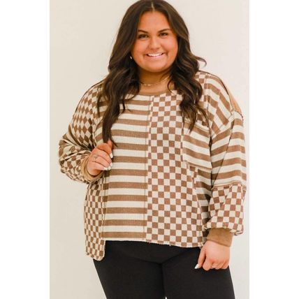 Khaki Striped Checkered Mixed Print Chest Pocket Casual Plus Size Top