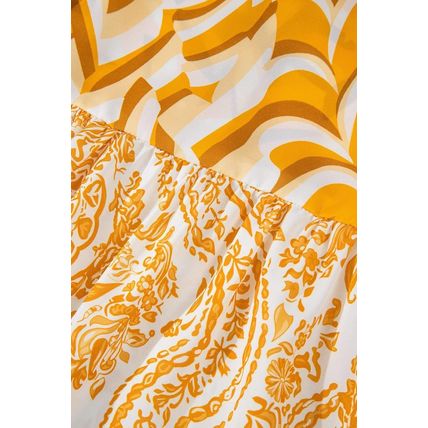Orange Bohemian Print Puff Sleeve Tied V Neck Flared Mini Dress