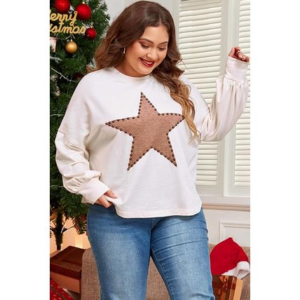 Beige Star Shape Studded Crew Neck Plus Size Long Sleeve Top