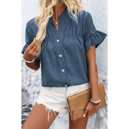 Real Teal Solid Color Ruffle Ruched Short Sleeve Buttoned Shirt