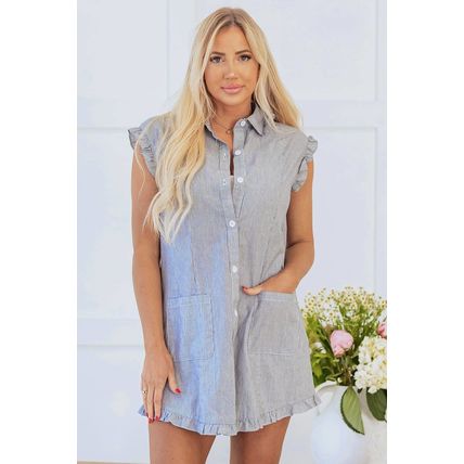 Blue Stripe Frilled Sleeveless Collar Front Pocket Button Up Mini Dress