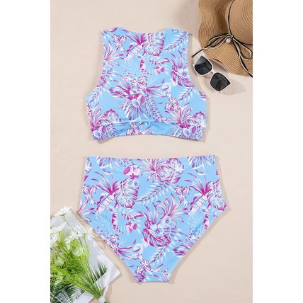 Sky Blue Plus Size Floral Print Twisted High Waist Bikini Set