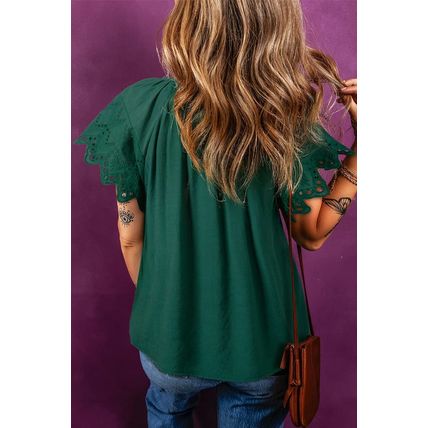 Green Bay Eyelet Embroidered Sleeve Tie V Neck Blouse