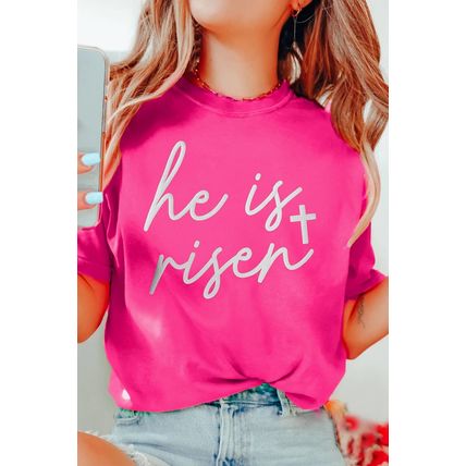 Rose Red Glitter he is risen Cross Printed Crewneck Tee