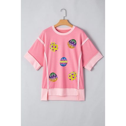 Peach Blossom Sequined Easter Eggs Contrast Patchwork Detail Short Sleeve Blouse