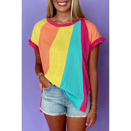 Rose Red Color Block Ruffled Crew Neck Loose Fit T Shirt