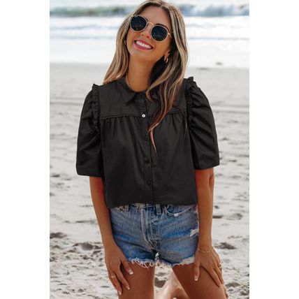 Black Frilly Puff Sleeve Stylish Collared Shirt