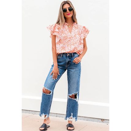 Orange Floral Ruffle Sleeve Split Neck Blouse
