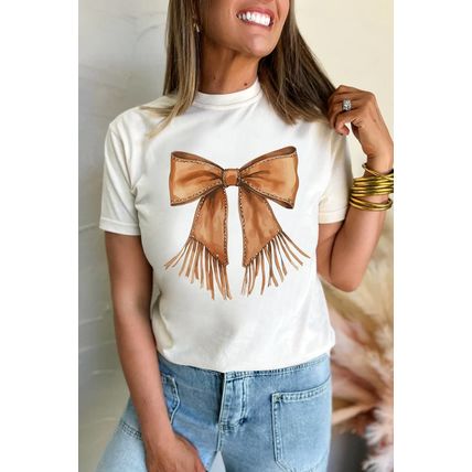White Tassel Bowknot Print Round Neck Western Fashion T Shirt