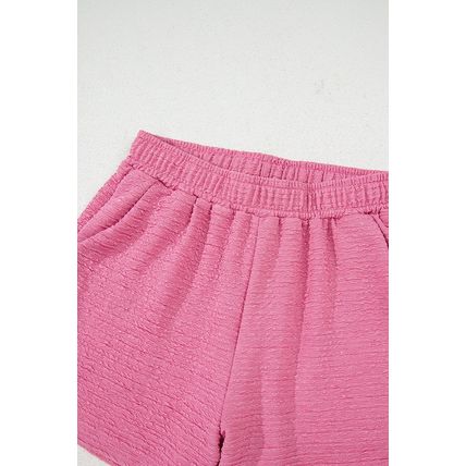 Pink Textured V Neck T Shirt and Shorts Set