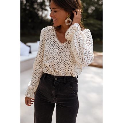 Beige Flower Lace V Neck Ruffled Sleeve Top