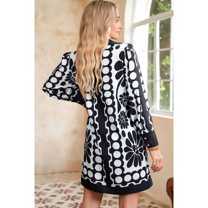 Black Polka Dot Floral Printed V Neck Long Sleeve Shift Mini Dress