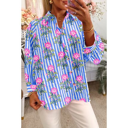 Blue Striped Floral Print Buttoned Cuffs Loose Fit Shirt