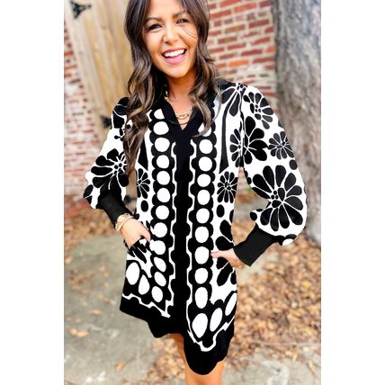 Black Polka Dot Floral Printed V Neck Long Sleeve Shift Mini Dress
