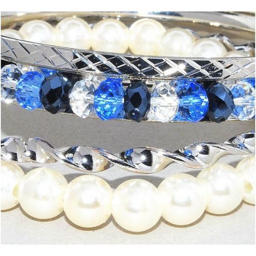 Set of 4 Chic Silver Tone Crystal Faux Pearl Bracelets Bangles Jewellery 1549
