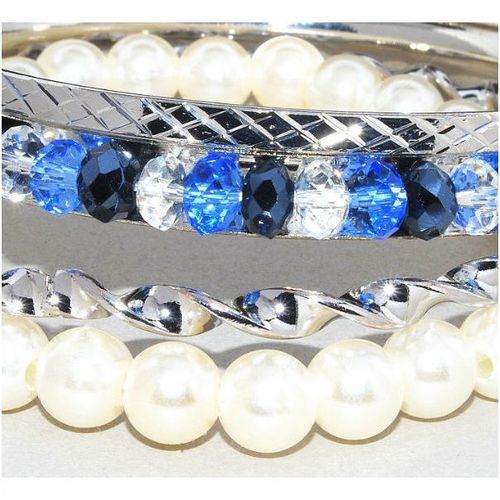 Set of 4 Chic Silver Tone Crystal Faux Pearl Bracelets Bangles Jewellery 1549