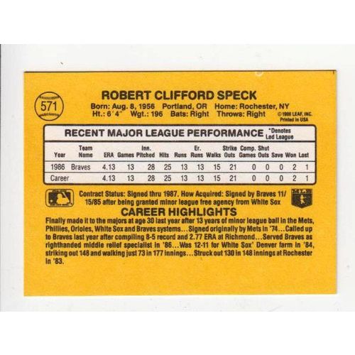 1987 Donruss Cliff Speck RC rookie card #571 –Braves