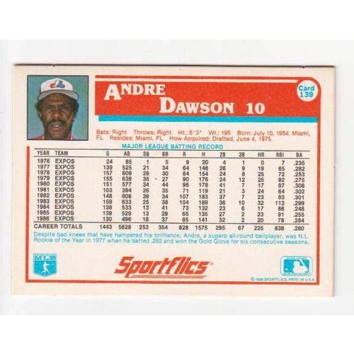 1987 Sportflics Andre Dawson baseball card #139-NM-HOF- Expos