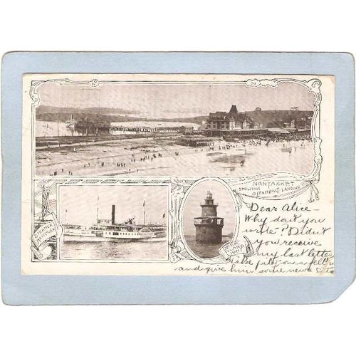 MA Nantasket Lighthouse Postcard Deer Island Light Steamer mayflower & Nan~619