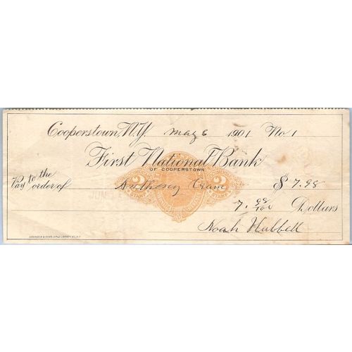 New York Cooperstown Cancelled Check First National Bank of Cooperstown Ch~34