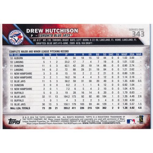 2016 Topps Baseball 343 Drew Hutchison Toronto Blue Jays
