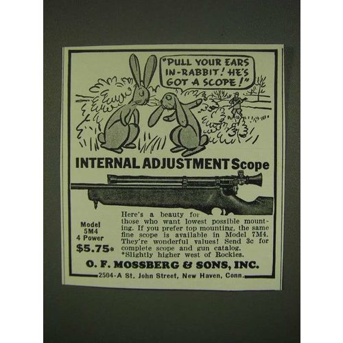 1940 Mossberg Model 5M4 4 Power Scope Ad - Pull your ears in - rabbit!