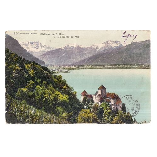 CASTLE, CHATEAU DE CHILLON, LAKE GENEVA, SWITZERLAND used vintage postcard 1908