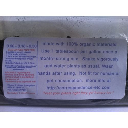 Plant food worm castings microbe rich organic powdered fertilizer grade A+