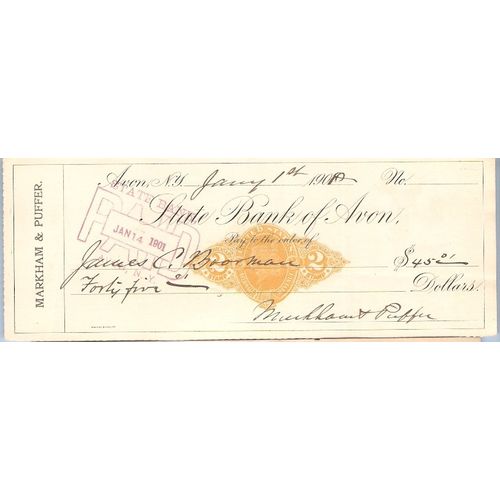 New York Avon Cancelled Check State Bank of Avon Check # Dated: January 1,~38