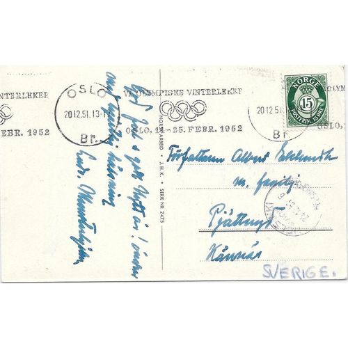 Norway Olympic Slogan Cancel 1951 on postcard Oslo to Sweden