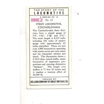 SINGLE KELLOGG TRADE CARD STORY OF THE LOCOMOTIVE 1965 No 12 CZECHOSLOVAKIA