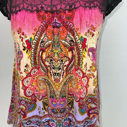 Bila Womans Boho Bohemian Cap Sleeve Paisley Print Shirt