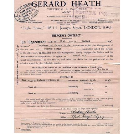 Walter Niblo Live Plymouth Hand Signed Performance Contract