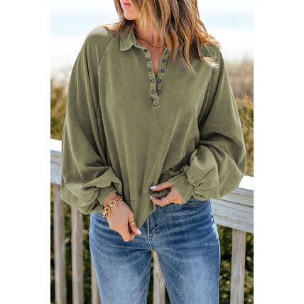 Green Washed Snap Buttons Lantern Sleeve Pullover Sweatshirt