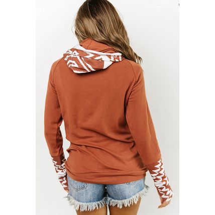 Brown Aztec Print Patchwork Thumb Hole Hoodie