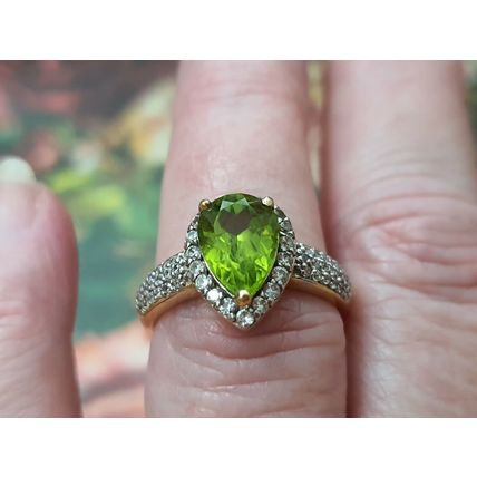 2.5ct Hebei Peridot Zircon Pear Halo Ring Size O 14k Gold Over 925 Solid Silver