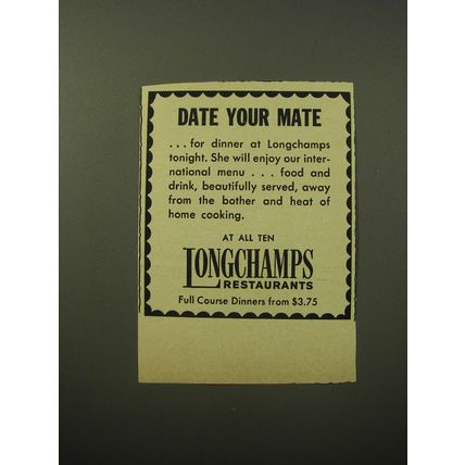 1960 Longchamps Restaurant Ad - Date your mate