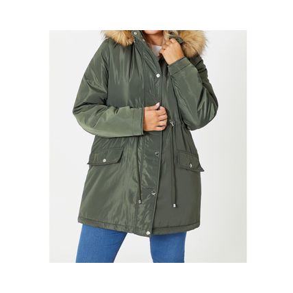 Be You Womens Faux Fur Trim Hooded Parka Coat - Green / 14