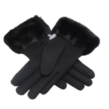 Ladies Gloves Black Stitch Design Faux Fur Edging Clothing Accessory 23.5 CM