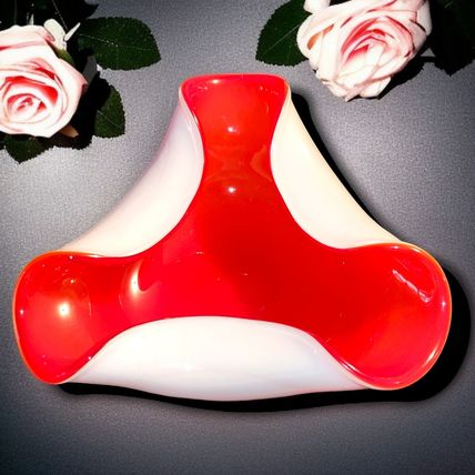 Wales Japan Red White Cased Glass Ashtray Dish Bowl MCM Vintage