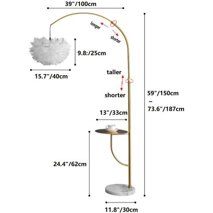 White Feather Floor Lamp with Table,Great Floor Light Height Adjustable (Gold)