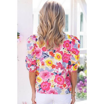 Ruched Puff Sleeve Floral Blouse