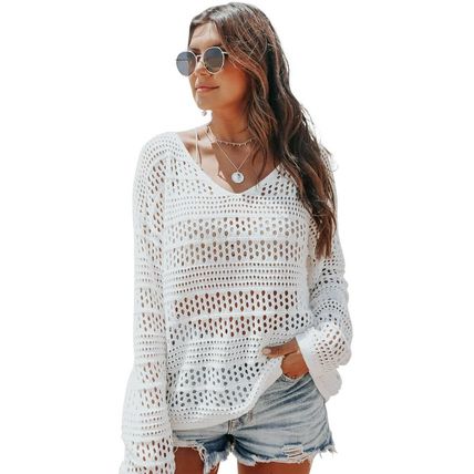White Hollow Out Crochet V Neck Pullover Sweater